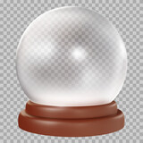 Realistic 3d glass ball or crystal sphere on wooden tray isolated on transparent background. Cartoon minimal design element. Vector illustration.