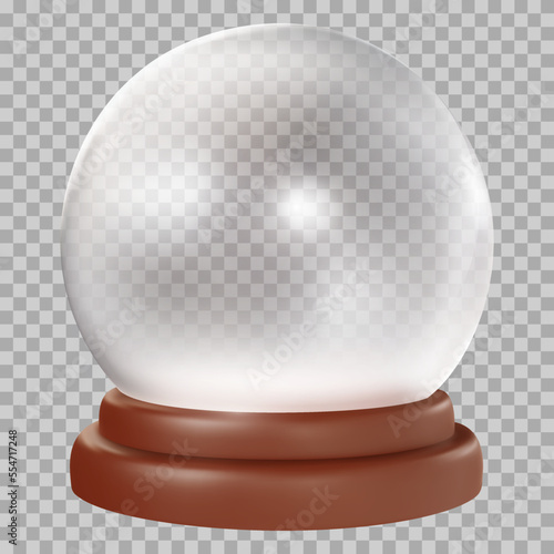 Realistic 3d glass ball or crystal sphere on wooden tray isolated on transparent background. Cartoon minimal design element. Vector illustration.