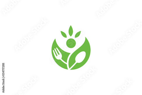 healthy food logo with leaf and person shape in green color