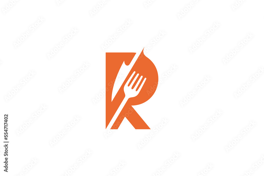 R letter logo with cutlery suitable for food business, culinary, restaurant, cafe and food place R letter logo with cutlery suitable for food business, culinary, restaurant, cafe and food place