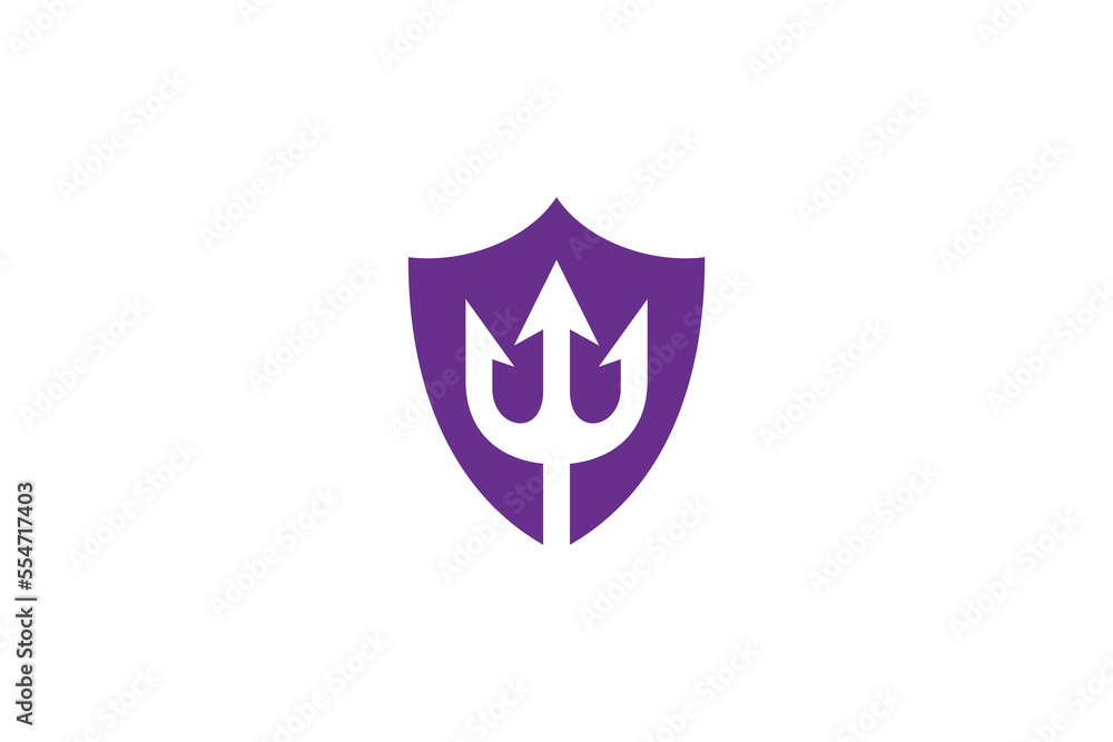Fototapeta premium Shield logo with trident shape in purple color flat design
