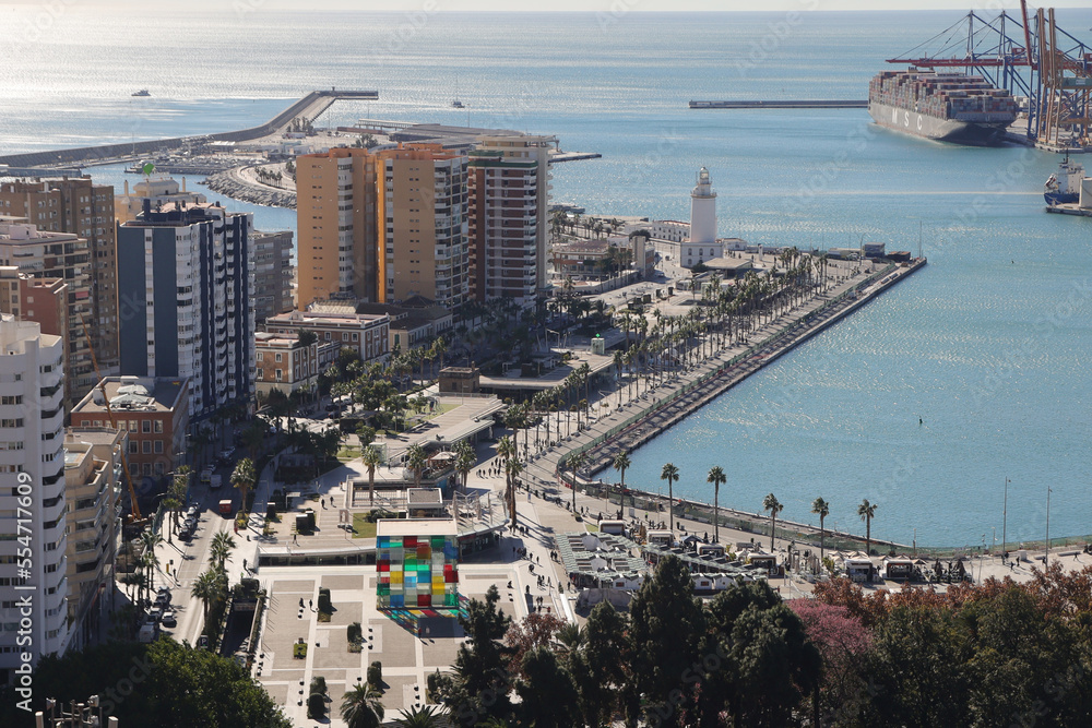 The panorama of Malaga and Malaga Cathedral from Gibralfaro hill, Spain	