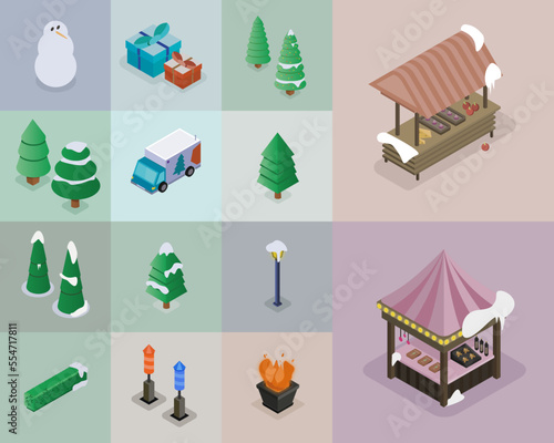 Isometric Christmas collection, snowy trees, christmas shop, snowman, presents