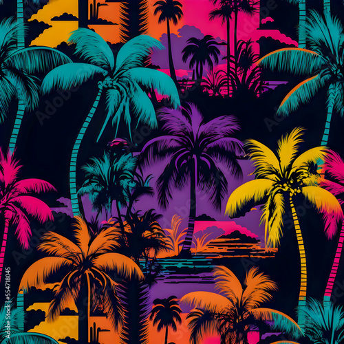 Florida pattern, illustrator, black purple orange blue pink green color palette Generative AI