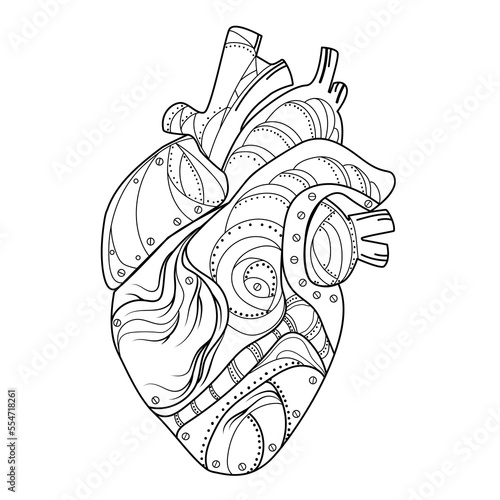 Abstract mechanical human heart in steampunk style Line art drawing vector illustration.Surrealist Stylized human heart black and white sketch drawing.Emblem,card,logo,print,tattoo design 