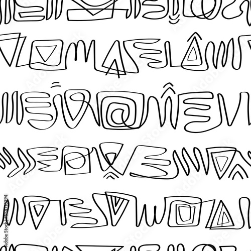 Abstract doodle seamless pattern imitation of ancient symbols line drawing vector illustration.Stylized horizontal line doodle sketch for print,textile,paper and other decoration design
