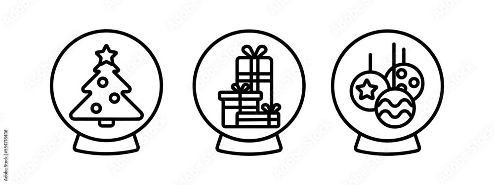 A set of linear Christmas icons in a snow globe. New Year logos. An isolated line on a transparent background. Christmas tree with balloons, gifts, balloons decorations. A set of linear Christmas icons in a snow globe. New Year logos. An isolated line on a transparent background. Christmas tree with balloons, gifts, balloons decorations.
