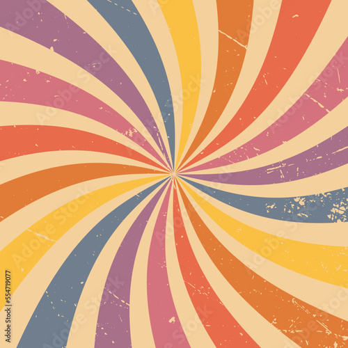 Retro sunburst background pattern with a vintage color palette of yellow, orange, blue, purple, lavender and red in a spiral or swirled radial striped design. Faded paper effect