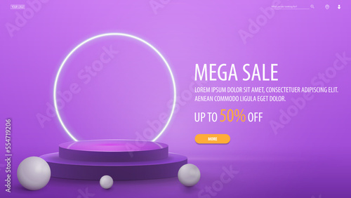 Mega sale, violet discount banner with offer and empty 3d podium with neon rings.