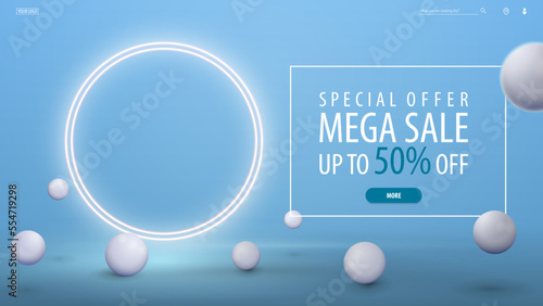 Special offer, mega sale, blue discount banner with offer and white neon rings.