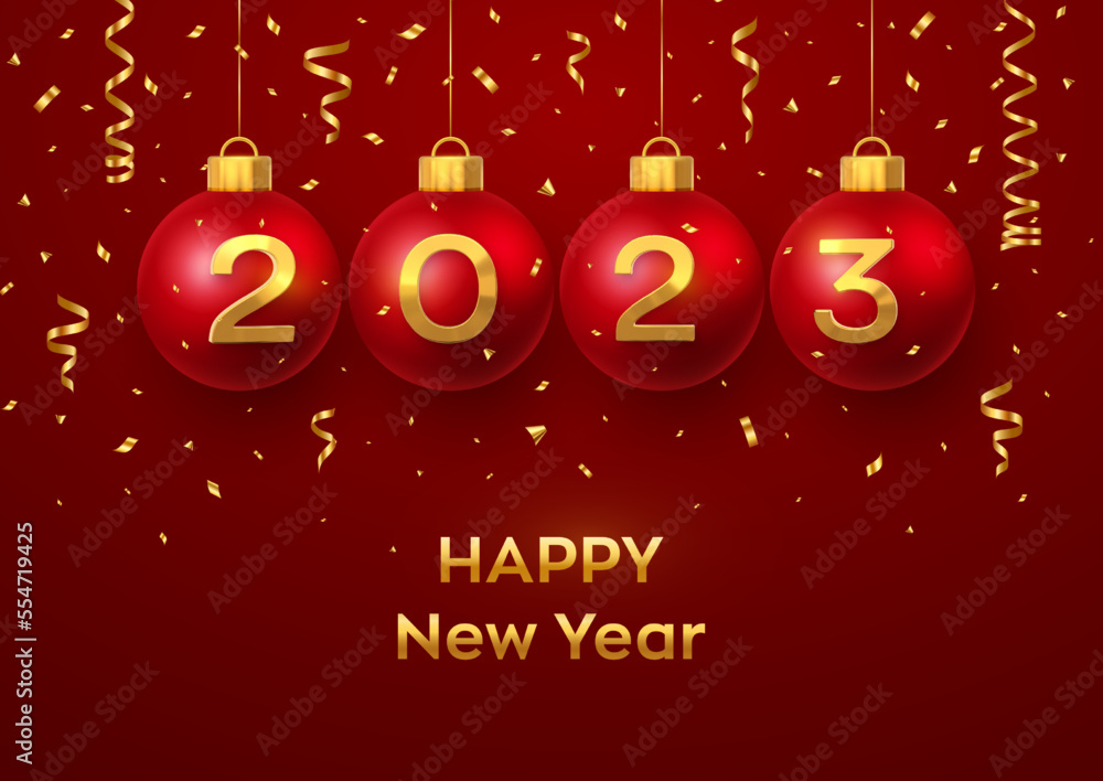 Happy New Year 2023. Hanging Red Christmas bauble balls with realistic golden 3d numbers 2023 and glitter confetti. Greeting card. Holiday Xmas and New Year poster, banner, flyer. Vector Illustration