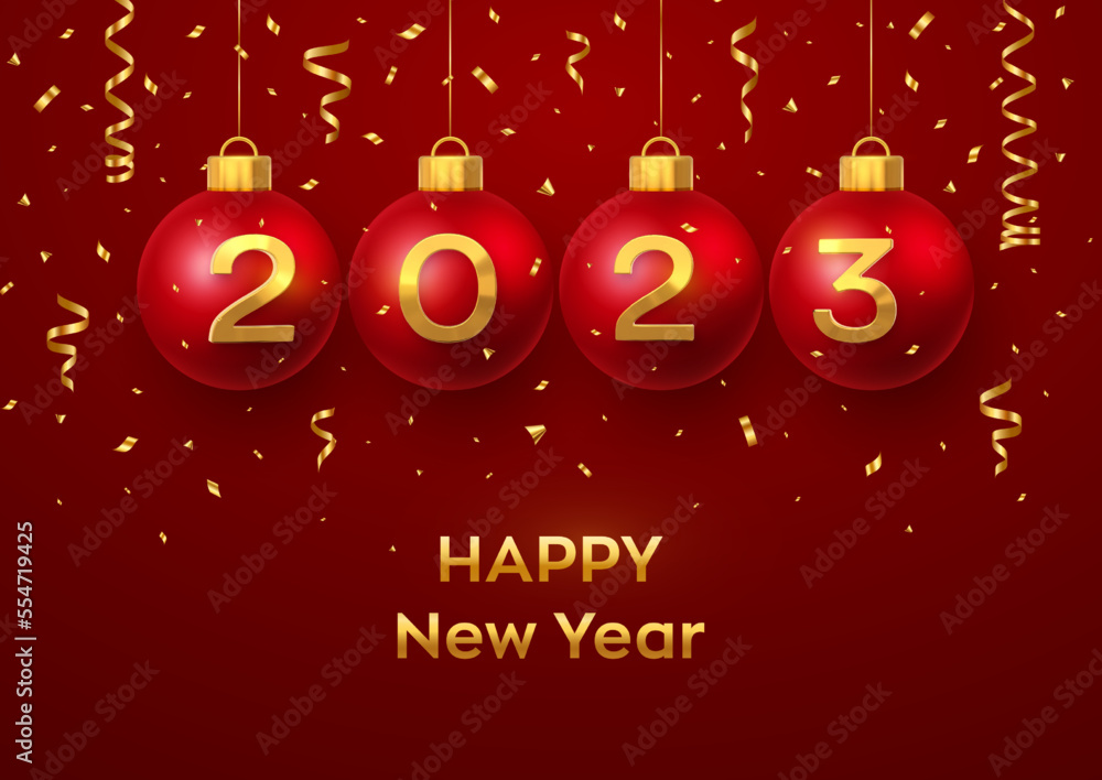 Naklejka premium Happy New Year 2023. Hanging Red Christmas bauble balls with realistic golden 3d numbers 2023 and glitter confetti. Greeting card. Holiday Xmas and New Year poster, banner, flyer. Vector Illustration