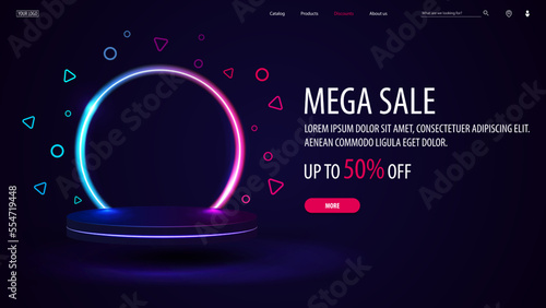 Mega sale, dark discount banner with offer and empty 3d podium with line gradient neon ring on background