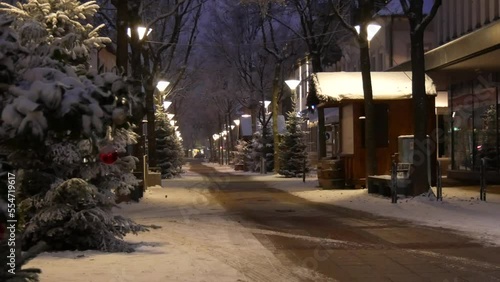 Wallpaper Mural Cozy dark winter night, illumination on the street of a European city, street lamps in the snow, snow-covered branches of a green Christmas tree. snowy evening Torontodigital.ca