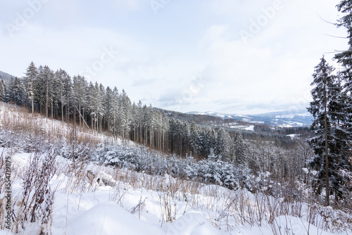 View of the snow-covered Jeseniky mountains from the top of the mountain