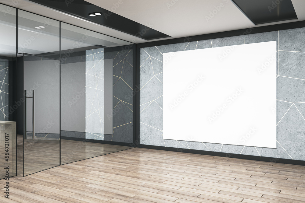 Modern office corridor interior with empty white mock up billboard, glass doors, furniture and wooden flooring. Architecture and design concept. 3D Rendering.