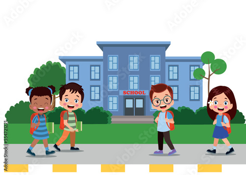 cute students walking to school with their bags