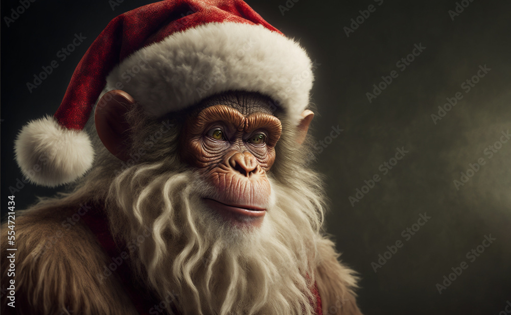 epic fantady old monkey as a santa claus and dirty background.generative ai. epic fantady old monkey as a santa claus and dirty background.generative ai.