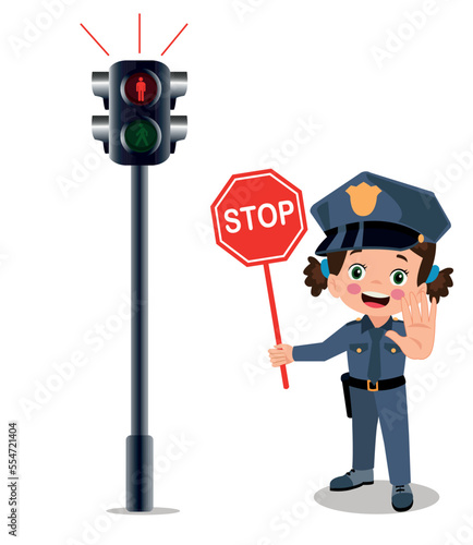 happy cute little kid boy wearing police uniform and holding stop sign