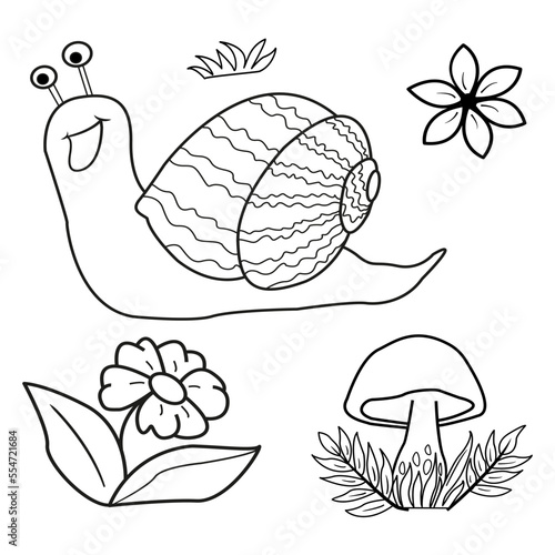 Coloring book. Cartoon vector snail, mushroom, flowers, and grass. Cute snail illustration.