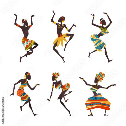 African People Characters Dancing Folk or Ritual Dance Vector Set