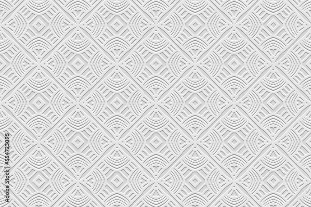 Embossed white background with handmade elements, ethnic cover design. Press paper, boho style. Geometric decorative 3d pattern. Tribal themes of the East, Asia, India, Mexico, Aztecs, Peru. Embossed white background with handmade elements, ethnic cover design. Press paper, boho style. Geometric decorative 3d pattern. Tribal themes of the East, Asia, India, Mexico, Aztecs, Peru.