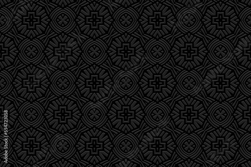Embossed black background with handmade elements, ethnic cover design. Press paper, boho style. Geometric abstract 3d pattern. Tribal themes of the East, Asia, India, Mexico, Aztecs, Peru.