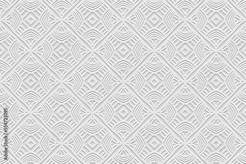 Embossed white background with handmade elements, ethnic cover design. Press paper, boho style. Geometric decorative 3d pattern. Tribal themes of the East, Asia, India, Mexico, Aztecs, Peru.
