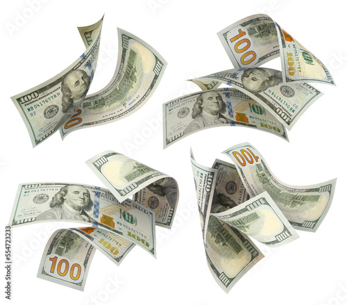 Collection of flying hundred dollar banknotes, isolated on white background