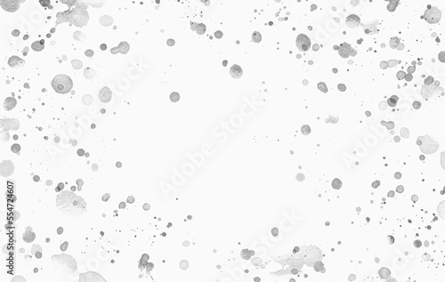 Black ink stains and blots, paint splatter texture on white background, copy space