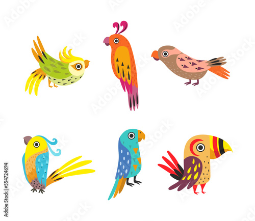 Tropical Colorful Parrot with Bright Feathers and Beak Vector Set