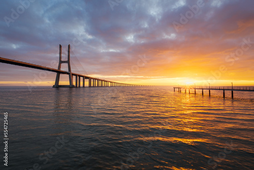 Vasco da Gama bridge over tagus river in Lisbon  Portugal  at sunrise