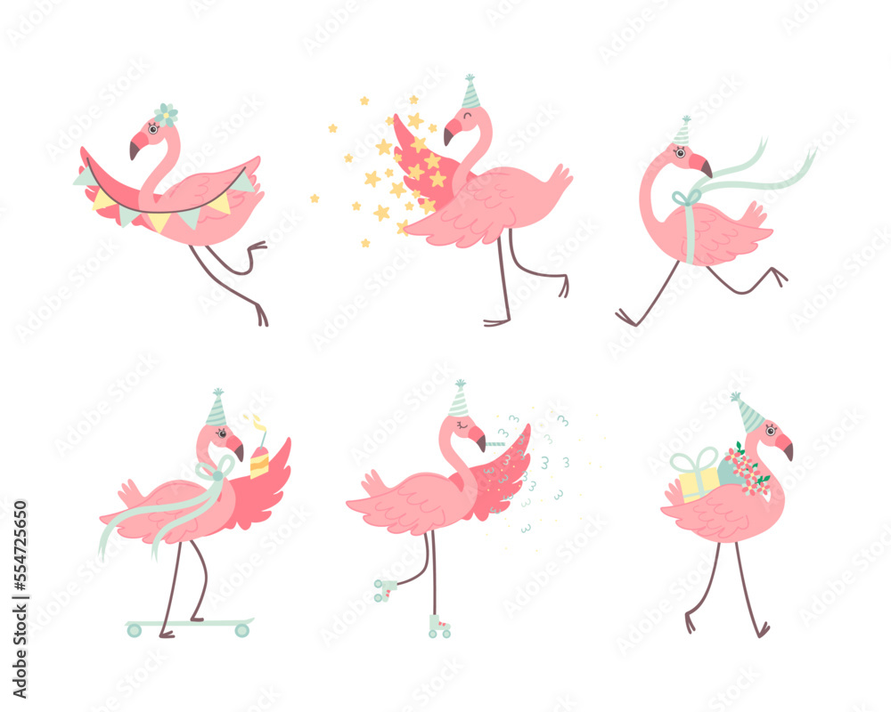 Cute Pink Flamingo in Birthday Party Hat with Gift Box and Garland Vector Set