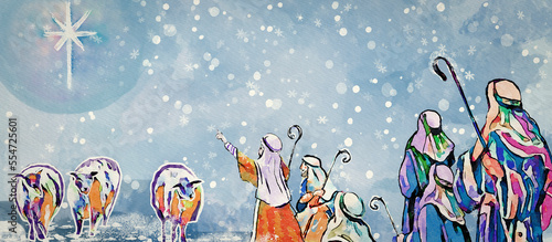 Nativity scene with Star of Bethleem and shepherds. Watercolor greeting card