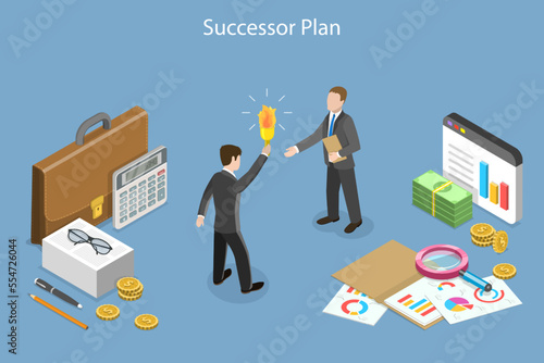 3D Isometric Flat Vector Conceptual Illustration of Business Successor Plan, Company Handover