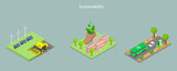 3D Isometric Flat Vector Conceptual Illustration of Sustainable Lifestyle, Green Electricity, Food Production and Transportation