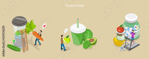 3D Isometric Flat Vector Conceptual Illustration of Fitness Nutrition, Healthy Eating