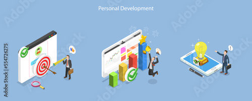 3D Isometric Flat Vector Conceptual Illustration of Personal Development, Completing Task and Reaching Goal