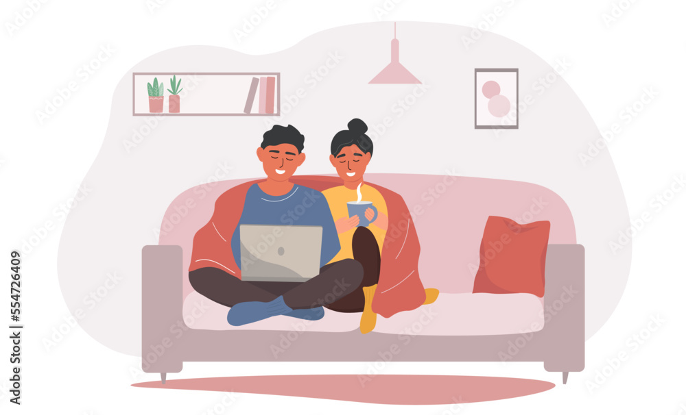 The couple is sitting on the sofa under a warm blanket with a laptop. A guy and a girl are resting at home. Vector graphics.