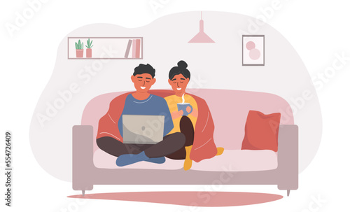 The couple is sitting on the sofa under a warm blanket with a laptop. A guy and a girl are resting at home. Vector graphics.