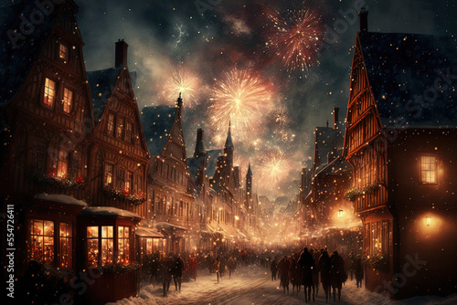 Christmas village with market street. Fireworks in the sky. Happy new year. Winter festive. Generative AI