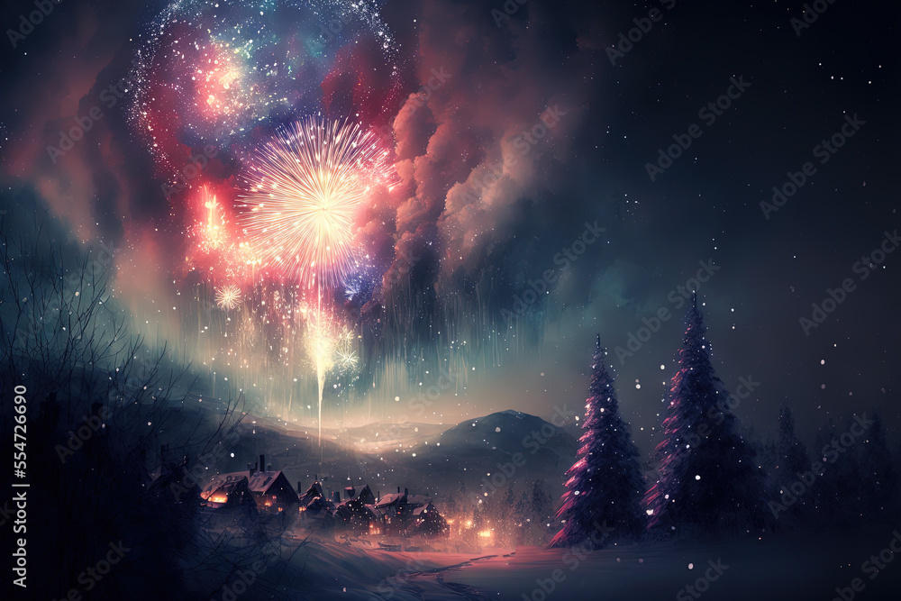 Fireworks above Christmas European village. Beautiful Landscape. Generative AI