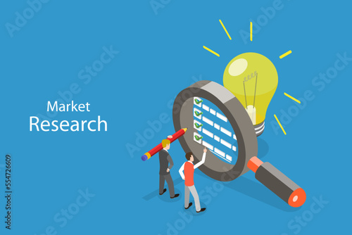 3D Isometric Flat Vector Conceptual Illustration of Market Research, Data Anaysis, Business Improvmnent and Optimization