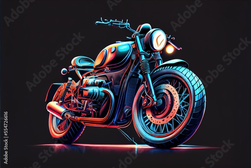 Canvas Print a motorcycle with a neon light on the front wheel and a black background with a red light on the back wheel