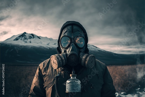 Crazy scientist with gas mask in the Norwegian wilderness