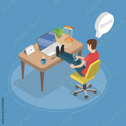 3D Isometric Flat Vector Conceptual Illustration of Boredom In Workplace, Unmotivated Procrastinating Office Worker