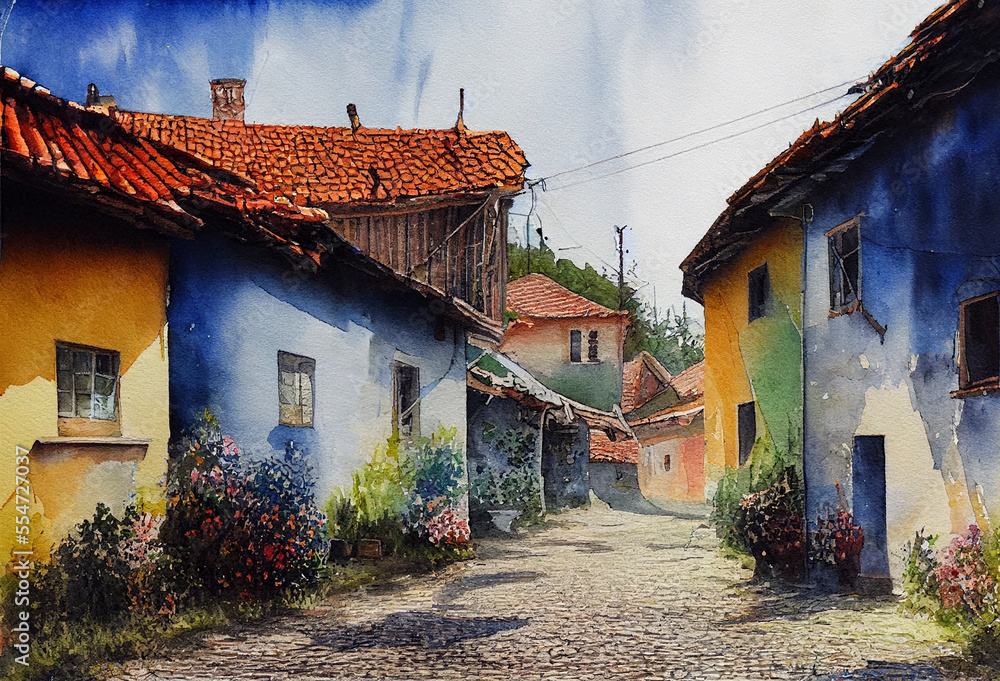 street in the old town watercolor painted