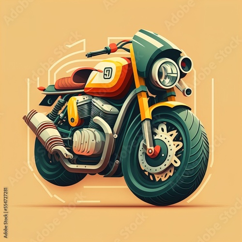  a motorcycle with a helmet on the back of it's seat and a geary engine on the front. Generative AI photo