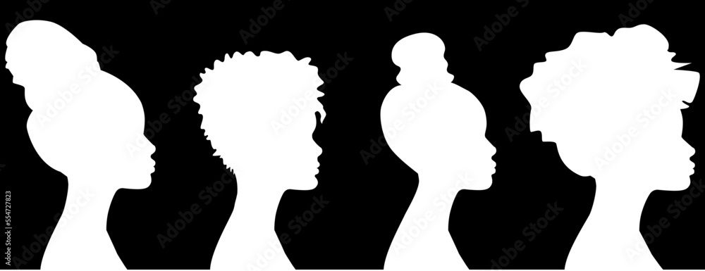 a sign of several female silhouettes in profile. vector on isolated background. turn. number. diversity young women for poster or text. elegant background as well. a sign of several female silhouettes in profile. vector on isolated background. turn. number. diversity young women for poster or text. elegant background as well.