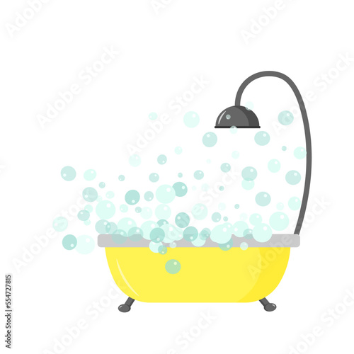 Yellow bath with soap bubbles. A household item for the bathroom. Vector. For decor, design, advertising brochures, brochures and books.
